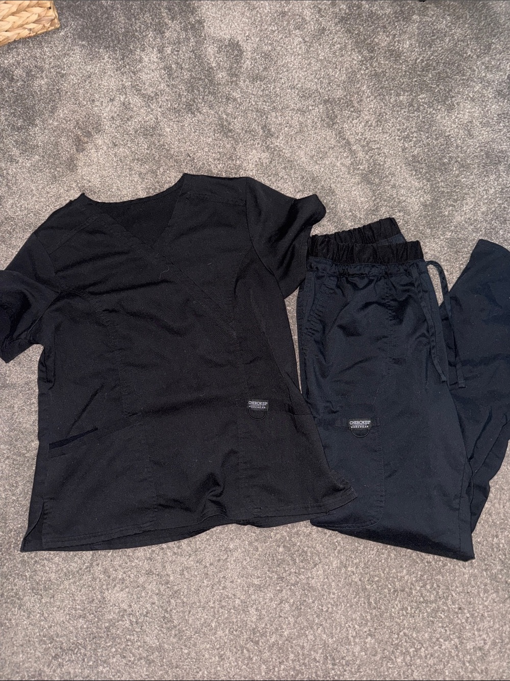 Cherokee Black Medical Scrub Top and Jogger Pants Set